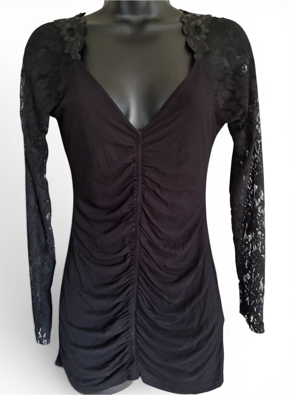 Vintage 90s VENUS Bodycon Goth Black Lace Trim V-Neck Top Made IN USA Size S